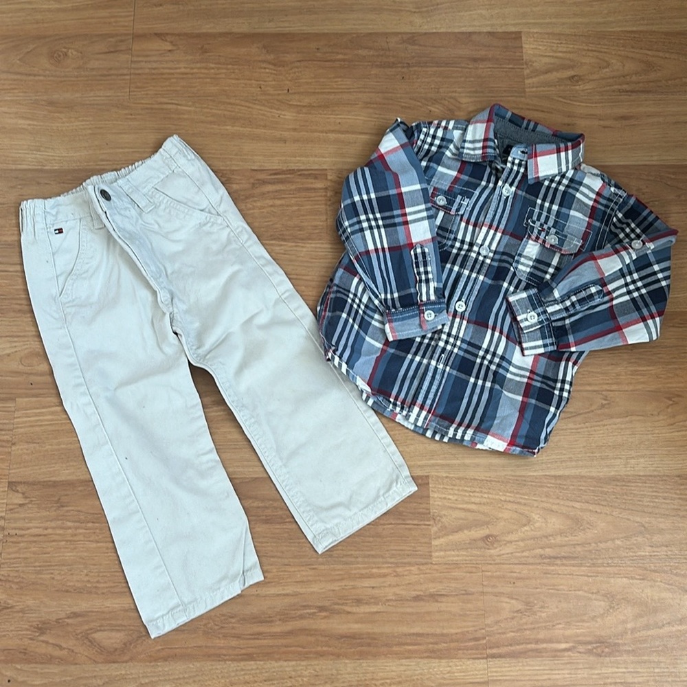 Tommy Hilfiger bundle boys jeans/plaid shirt navy red size 24 months